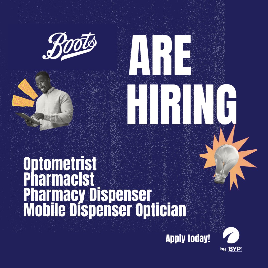 BYPNetworkApp's tweet image. 🚀 @BootsUK is hiring! Check out these roles: • Optometrist (Great Yarmouth, Ipswich, Dartford, Clacton, Bromley) • Pharmacist • Pharmacy Dispenser • Mobile Dispensing Optician Apply now &amp;amp; elevate your career! #BootsCareers #HealthcareJobs #BYPNetwork