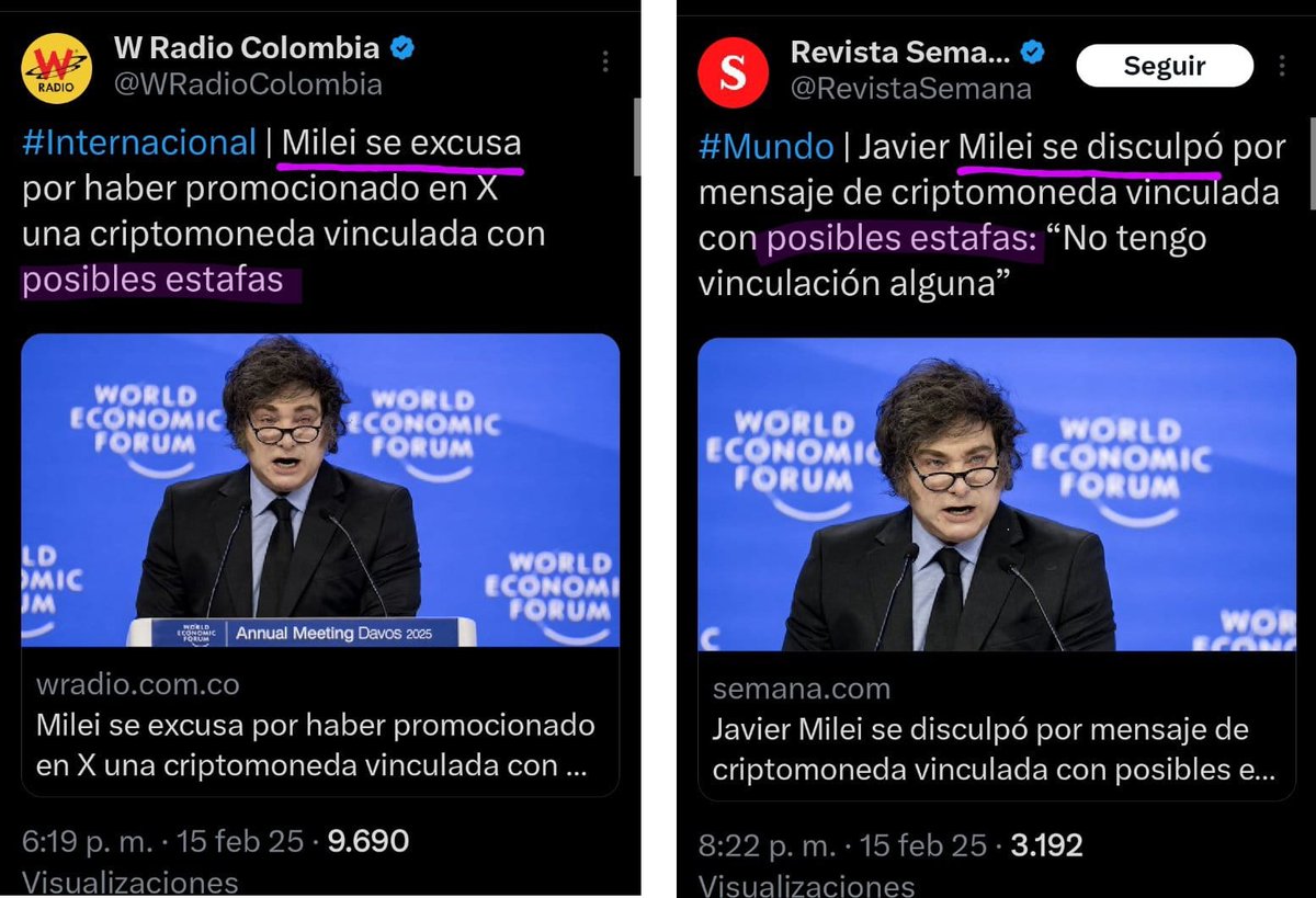 ¿Quiénes son las verdaderas bodegas?

La mayoría de los medios colombianos coordinados. 
Todos publicaron exactamente lo mismo. 

1. "Milei se excusó". "Milei ya se disculpó".  
2. "Posibles estafas".