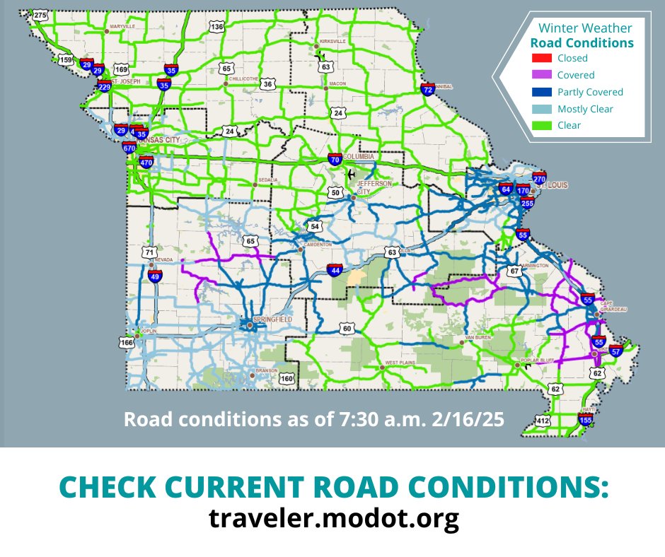 MoDOT_Central's tweet photo. ❄️🚨 Winter Weather Road Conditions: 7:30 a.m. 2/16/2025
Planning to get out this Sunday morning? Be aware of road conditions across the southern half of Missouri. Check the Traveler Information Map for updates.
#SlowDown #DriveForConditions #BUPD https://t.co/ileDjFVMIF