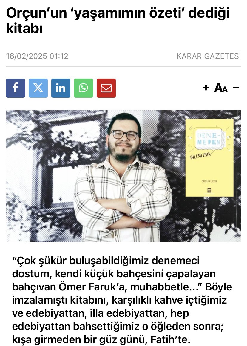Yakında ikincisi çıkacak Denemeden Bilemezsin - Fragmanlar kitabımın ilki için değerli denemeci Ömer Faruk bugünkü Karar gazetesinde -yaşım dışında- çok güzel yazmış sağ olsun! 😊 

Okumak için: karar.com/kultur-sanat-h…