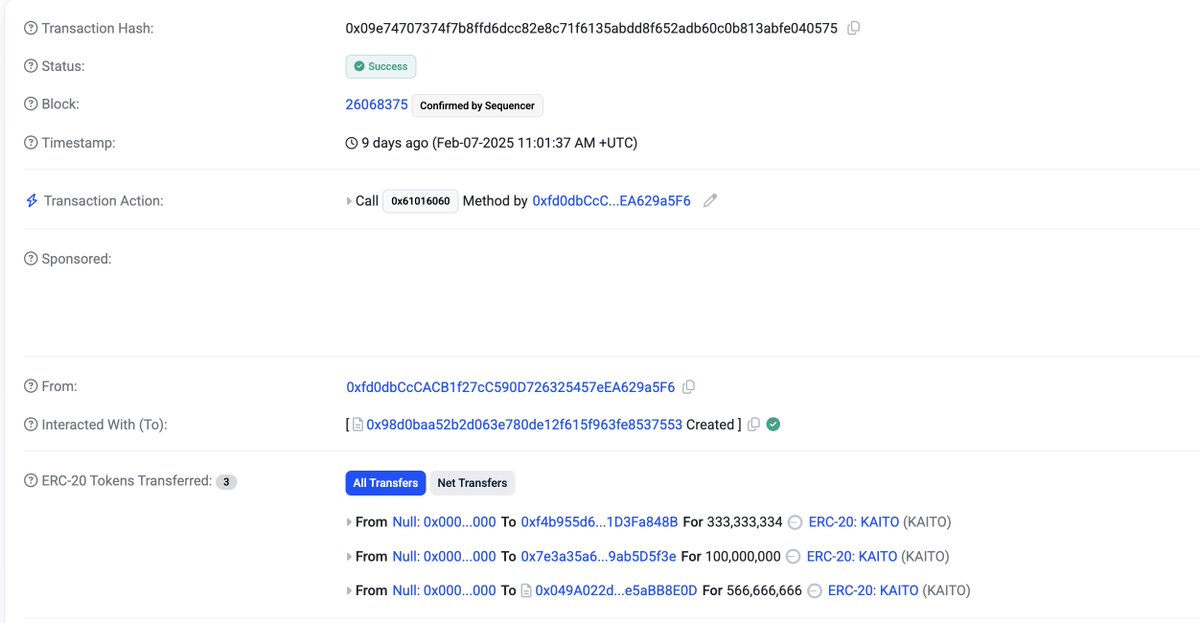 Mister Caneleo is back at finding more and more alpha 🫡🚨

<a href="/KaitoAI/">Kaito AI 🌊</a> has deployed their token 9 days ago and it is on <a href="/base/">Base</a> with a total supply of 1.000.000.000 $kaito

56.7% have been sent to a gnosis safe
10% to a wallet most likely for liquidity
33.3% seems like the airdrop