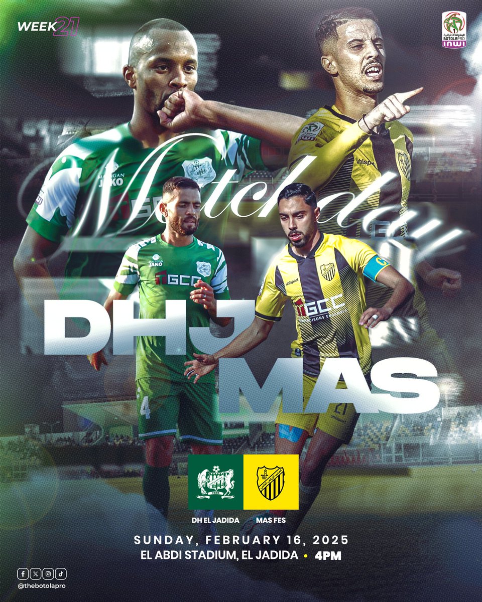 thebotolapro's tweet photo. الدفاع الحسني الجديدي يستقبل المغرب الفاسي

The stage is set for an unforgettable game between DH El Jadida &amp; MAS Fes!⚡

#DHJMAS #BotolaProInwi #الدوري_المغربي 🇲🇦 https://t.co/cBT9LYO2o3