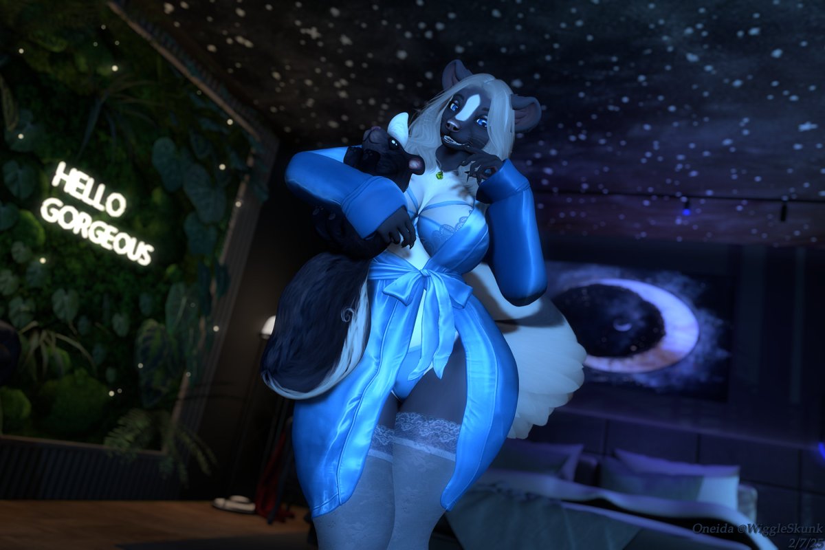 WiggleSkunk's tweet photo. Are you here for the sleepover? Wonderful! I hope you don't mind if we shared my bed.🦨💙 #SecondLife #SLPhotography #furrysl #furry #lingerie #skunk #skunkette #plushie https://t.co/i6d0Fof8x7
