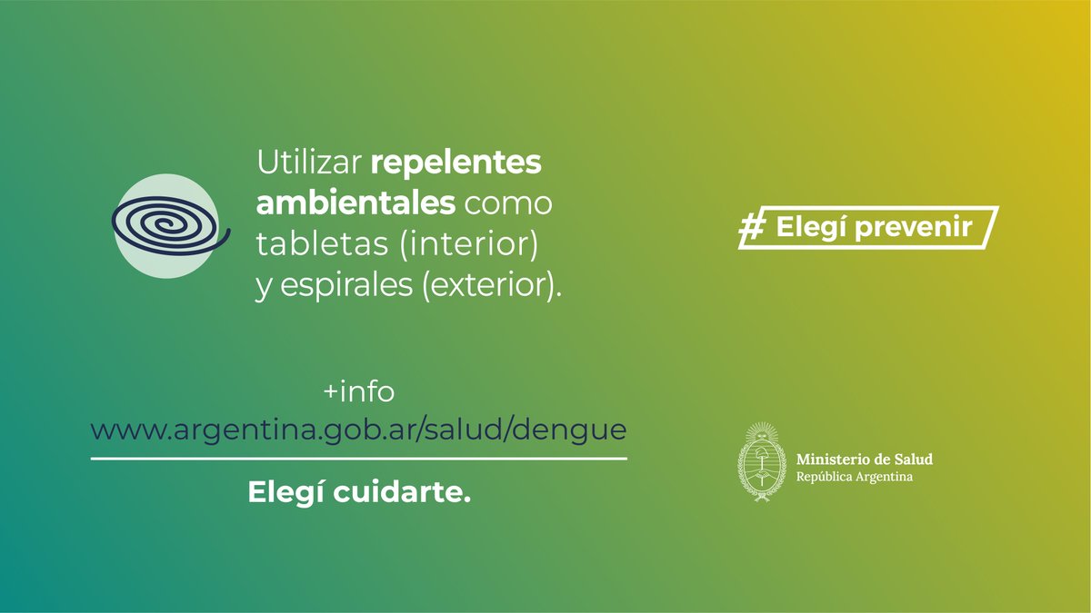 Dengue: la prevención es la clave 👌

✅ Utilizá repelentes
✅ Vestite con ropa clara cubriendo brazos y piernas
✅ Colocá mosquiteros en ventanas, cochecitos y cunas

Elegí cuidarte 💙

+ info:
💻argentina.gob.ar/salud/dengue
📞0800-222-0651