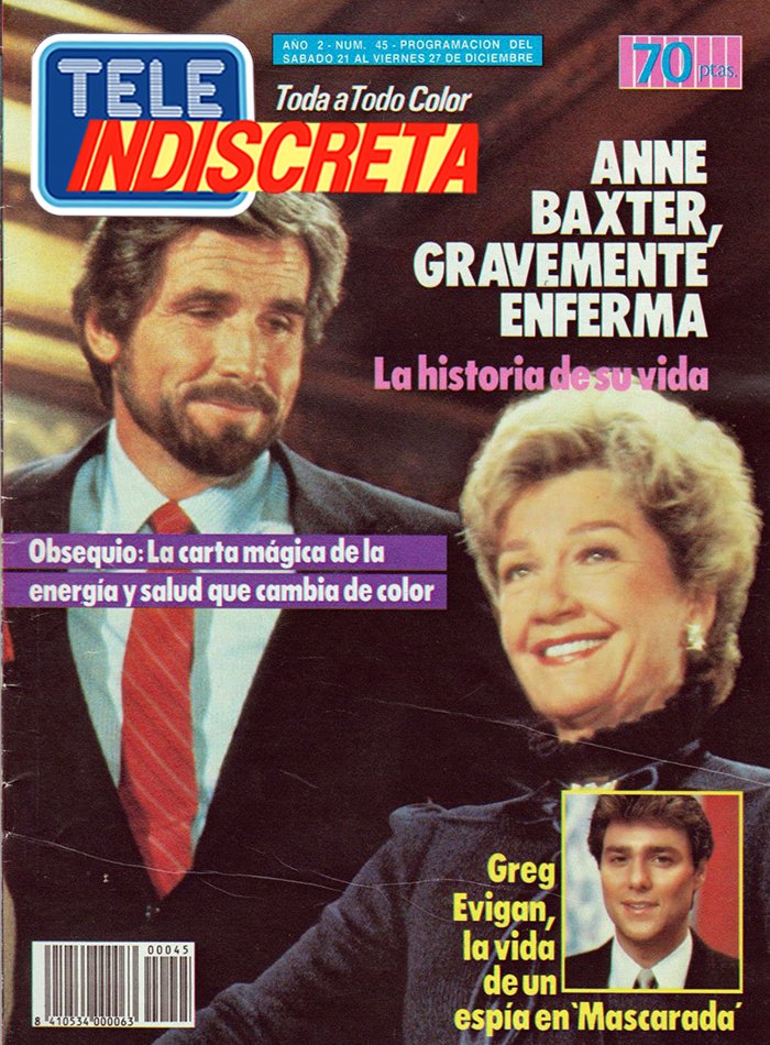ColeccionTV's tweet image. En una de las portadas de aquel año, se anunciaba que la actriz Anne Baxter, protagonista de "Hotel", una de las series del momento, estaba gravemente enferma. La realidad es que cuando esa portada salió a la luz, la actriz había ya fallecido. #TeleIndiscreta