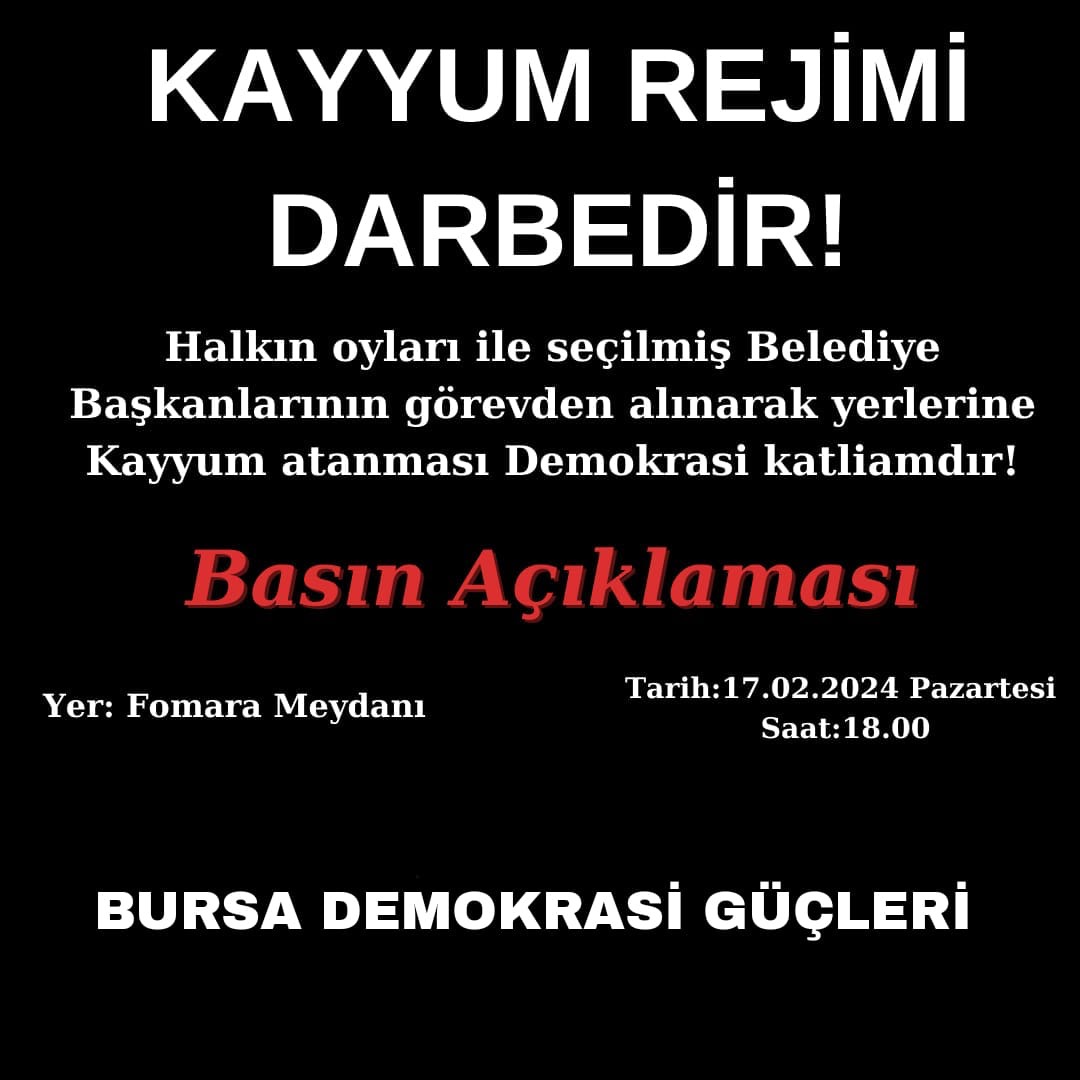 Halkın oylarıyla seçilmiş kişilerin görevden alınarak yerlerine kayyum atanması demokrasi katliamıdır!

Basın açıklaması
17 Şubat Pazartesi 18.00 
Fomara Meydanı