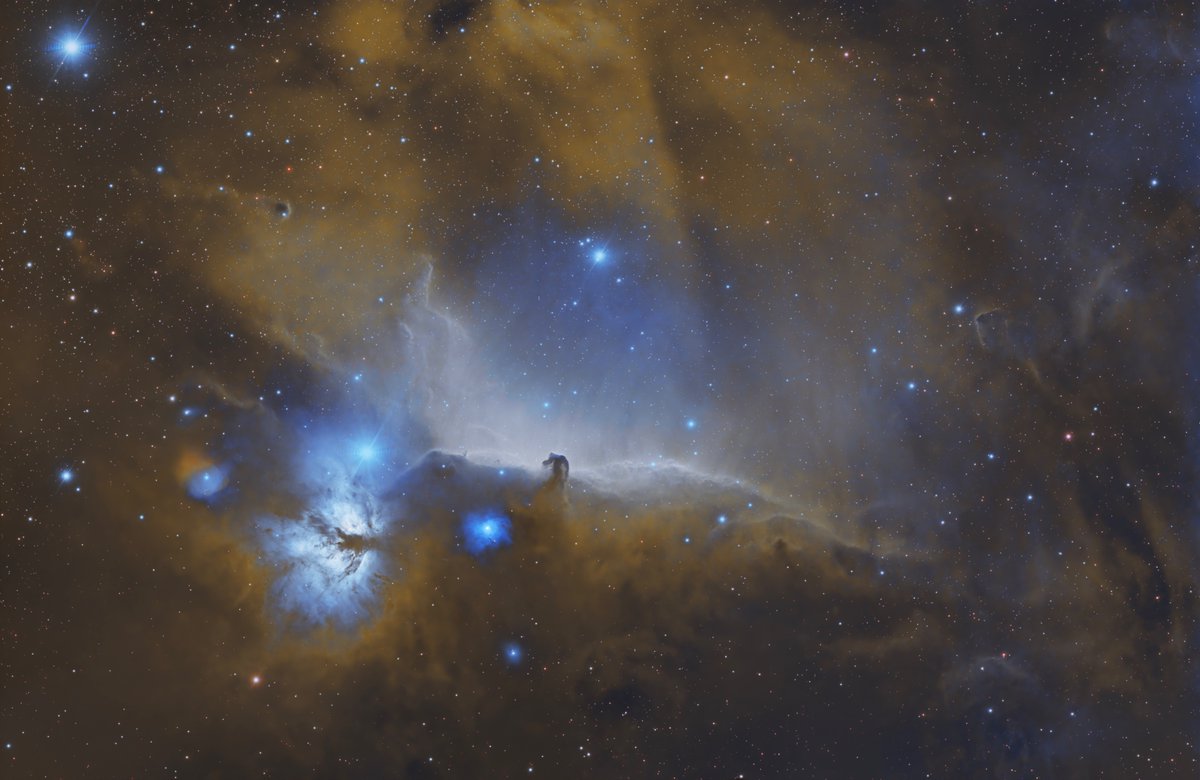 frbill66's tweet image. I captured this image of the Horsehead and Flame Nebula (IC434). This was taken with a dual-narrowband filter with two hours of integration, bortle 7-8 skies. Goofing around with the colors to make them pop. Maybe it&apos;s too much? Whaddya thing? #I434 #HorseheadNebula #FlameNebula