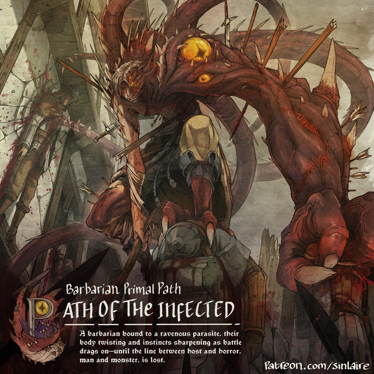 MukhlisNur's tweet image. NEW SUBCLASS  
BARBARIAN - PATH OF THE INFECTED 

A barbarian bound to a ravenous parasite, their body twisting and instincts sharpening as battle drags on—until the line between host and horror, man and monster, is lost.

#patreon #dnd5e #DnD
