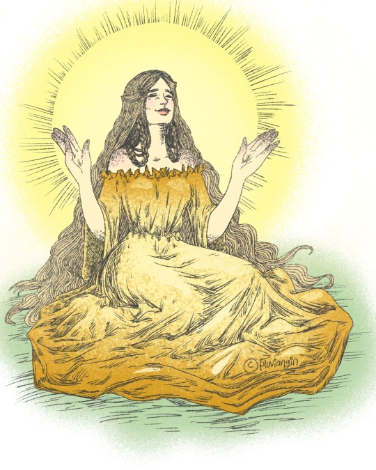 FinnFolklorist's tweet photo. Päivätär (pronounced [ˈpæi̯ʋætær]; lit. 'Lady Sun') is the goddess of the Sun in Finnish mythology. She owns the silver of the Sun, spins silver yarns, and weaves clothes out of them. In Kalevala, young maidens ask 
#FokloreSunday 🧵 https://t.co/BEo7czcZJS