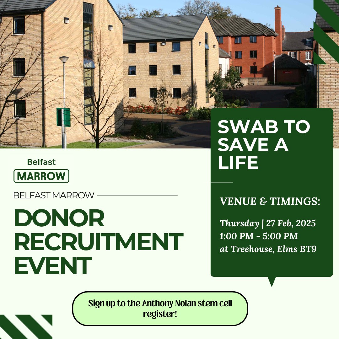 SWAB TO SAVE A LIFE!

Belfast Marrow is hosting another Donor Recruitment event to get more lifesavers onto the <a href="/AnthonyNolan/">Anthony Nolan</a>  stem cell register.

📅 Thursday, 27th Feb 2025
⏰ 1:00 PM - 5:00 PM
📍 <a href="/QueensAccomm/">QUB Accommodation 🏠</a> | Treehouse, Elms BT9

Remember, it only takes a quick cheek swab!