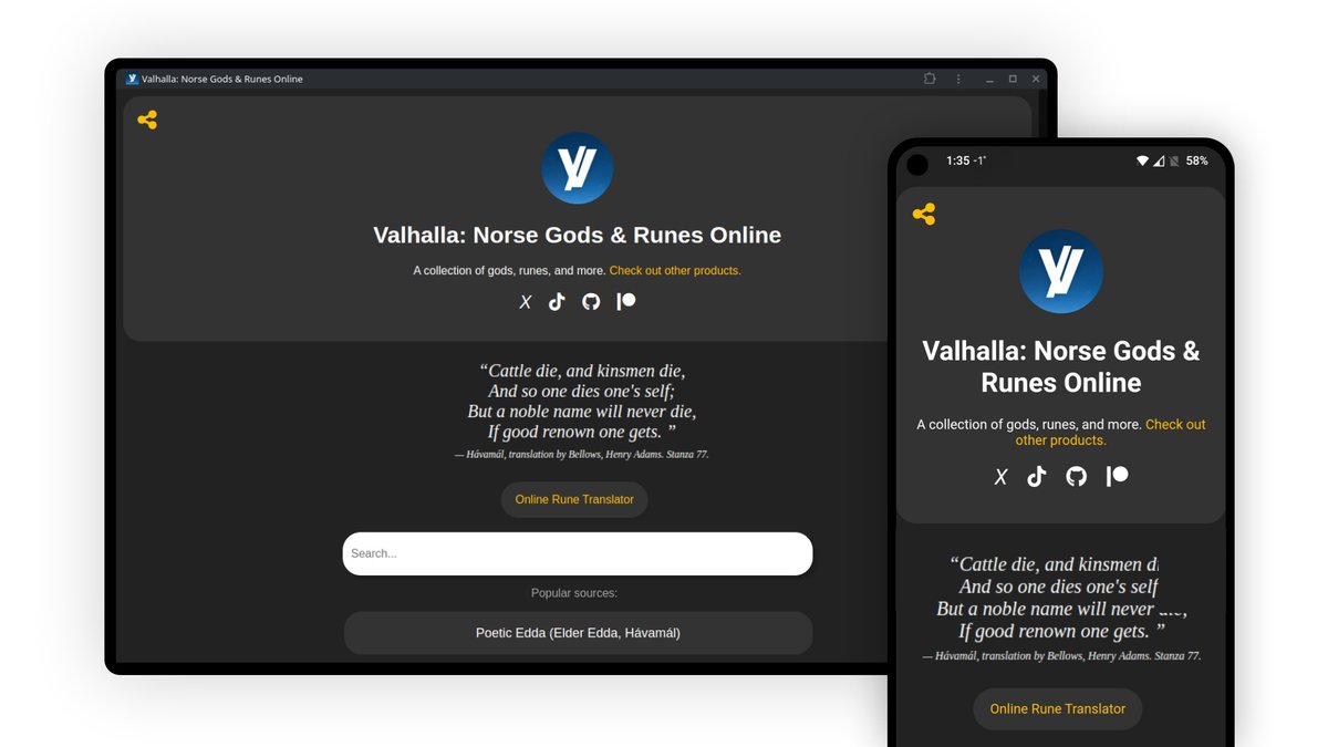 ValhallaPlus's tweet image. Valhalla: Norse Gods & Runes Online is now available, a free open-source browser alternative to Valhalla+, allowing you to take a collection of gods and sources wherever you go no matter what device you use, feel free to take the code for yourself too:
macbeibhinn.github.io/Valhalla-Onlin…