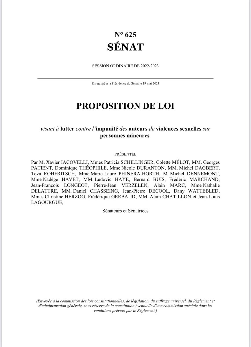 Re bonjour <a href="/bayrou/">François Bayrou</a>, n’hésitez pas non plus à rencontrer  <a href="/iacovellixavier/">Xavier IACOVELLI</a> qui a déposer une proposition de Loi sur l’imprescriptibilité des crimes sexuels sur mineurEs, mesure socle des préconisations de la <a href="/CIIVISE_contact/">CIIVISE</a> 

D’autres pays l’ont fait 

👉 senat.fr/leg/ppl22-625.…