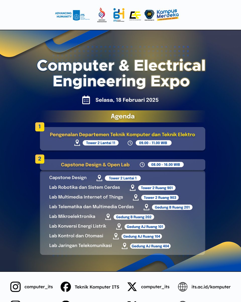 Catat tanggalnya, guys!✨

Teknik Komputer &amp; Teknik Elektro ITS akan mengadakan Computer &amp; Electrical Engineering Expo pada hari Selasa, 18 Februari 2025 dengan agenda :

1. Pengenalan Departemen Teknik Komputer &amp; Departemen Teknik Elektro ITS
2. Capstone Design &amp; Open Lab.