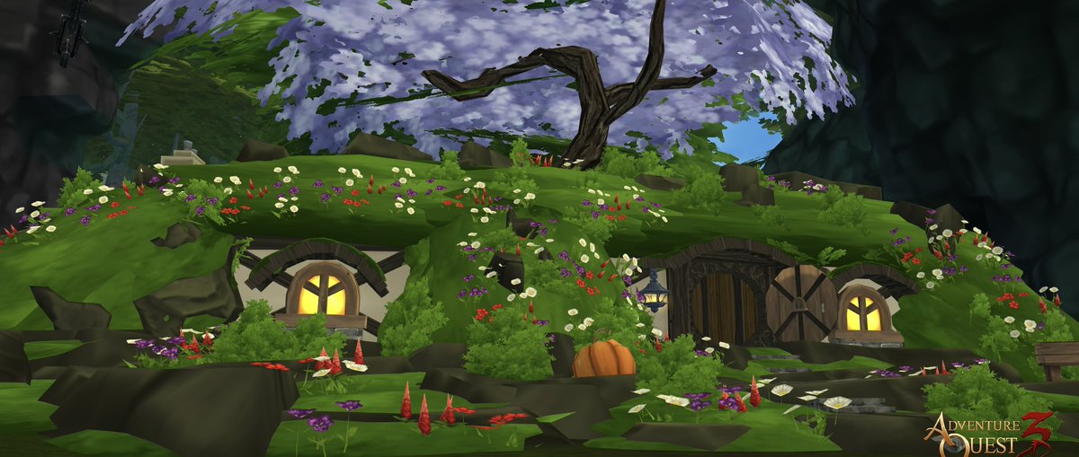 Decided to rebuild the ol’ hobbit hole.   Outside needs to get cleaned up a little more, may have went overboard with the wildflowers.   Gonna try to get all the circular doorways done inside today… gonna take a while 🥲 #AQ3D