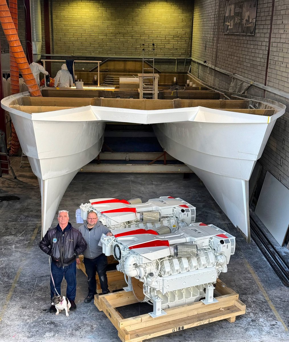 The huge pair of 2,000hp MAN V12 engines ready to be installed into hull number two of our T-2000, the 2nd Voyager we're building for a client in the UAE. Cool looking engines, Just need to paint the rocker covers red. She's sure is going to be fast!