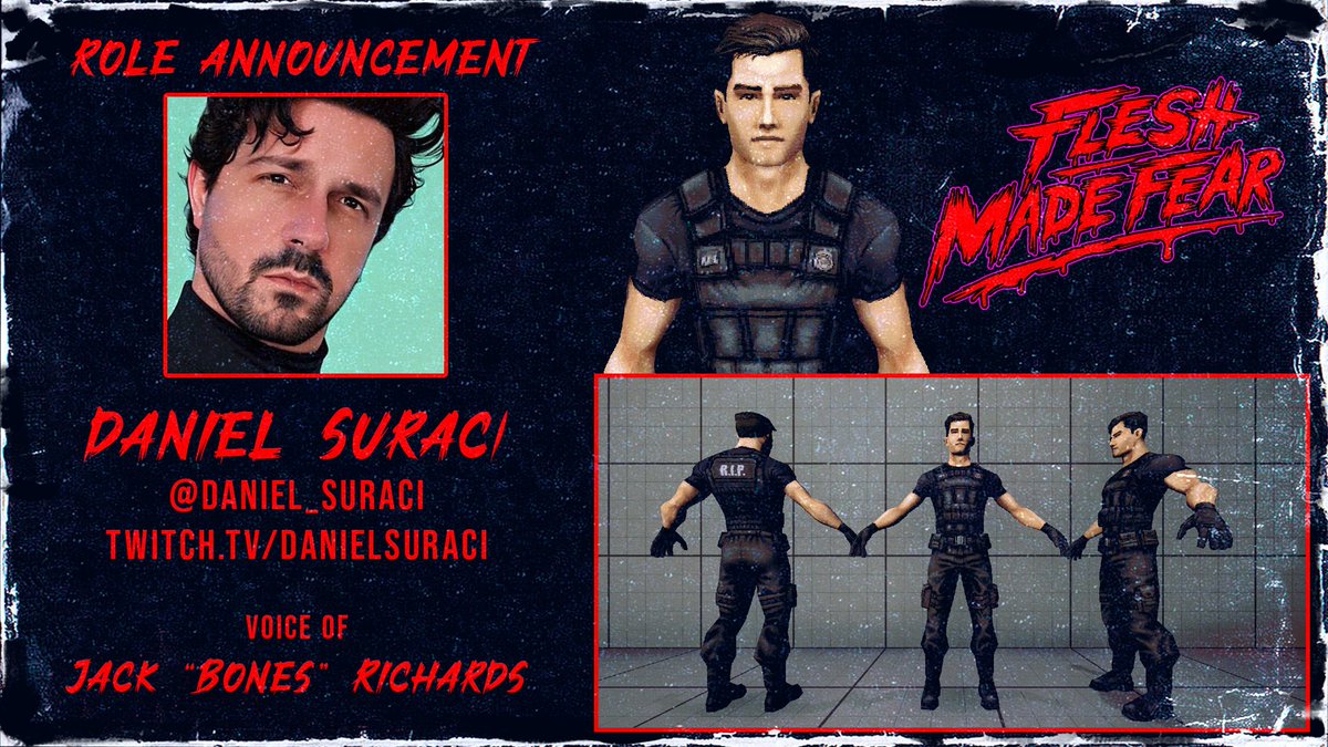 🦑Tainted Pact Games🦑 (@taintedpact) on Twitter photo ROLE CALL:
A new day, a new role call! <a href="/daniel_suraci/">Daniel Suraci</a>
will be making his voice acting debut as the voice of Jack “Bones” Richards in "Flesh Made Fear."
Wishlist Flesh Made Fear
Steam: tinyurl.com/a5t7evce
Kickstarter: tinyurl.com/vhkbm9tx
#IndieGameDev #PSX #lowpoly ROLE CALL:
A new day, a new role call! <a href="/daniel_suraci/">Daniel Suraci</a>
will be making his voice acting debut as the voice of Jack “Bones” Richards in "Flesh Made Fear."
Wishlist Flesh Made Fear
Steam: tinyurl.com/a5t7evce
Kickstarter: tinyurl.com/vhkbm9tx
#IndieGameDev #PSX #lowpoly