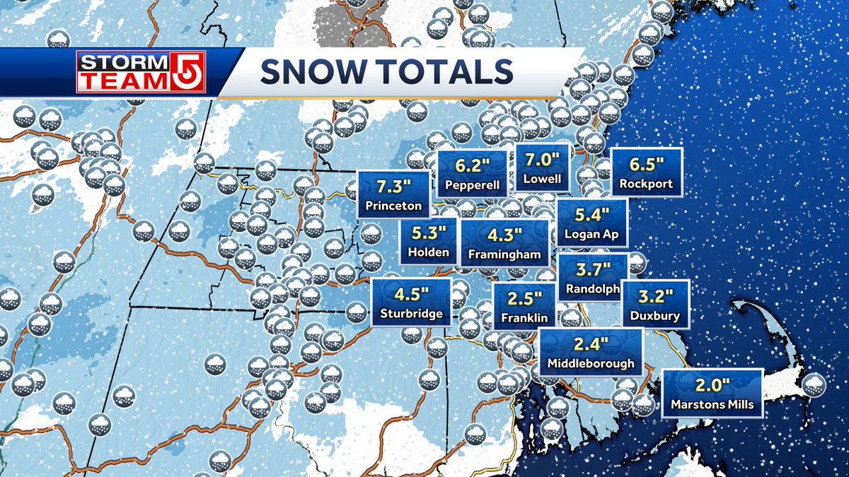 Updated Snowfall totals as of 9:30am Sunday. 4-7" of snow from the pike northward overnight before sleet started mixing in.  We will continue to transition to freezing rain and rain so the sooner you clean up, the better- it will only get heavier!  #WCVB