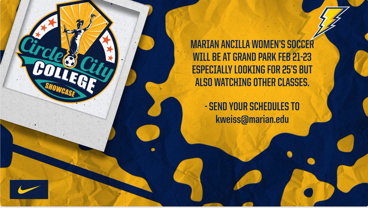 Marian University ⚡️ Ancilla Women’s Soccer (@ancillasoccer) on Twitter photo We will be at the Circle City College Showcase next weekend looking for future Chargers! Looking for 25’s but watching everyone! Send your schedule to kweiss@marian.edu. ⚡️⚽️⚡️ We will be at the Circle City College Showcase next weekend looking for future Chargers! Looking for 25’s but watching everyone! Send your schedule to kweiss@marian.edu. ⚡️⚽️⚡️