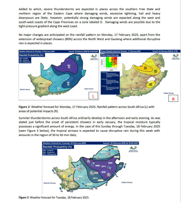 SAWeatherServic's tweet photo. ⚠️MEDIA RELEASE: 16 FEBRUARY 2025. 
Stormy weather possible over the central &amp; eastern South Africa for the week of the 16th to the 20th of February 2025.
#saws #weatheroutlook #southafricanweather https://t.co/bHjOPWTqIv