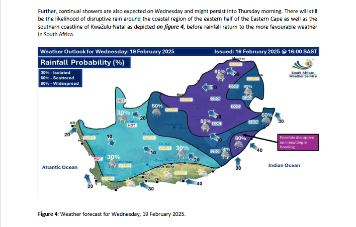 SAWeatherServic's tweet photo. ⚠️MEDIA RELEASE: 16 FEBRUARY 2025. 
Stormy weather possible over the central &amp; eastern South Africa for the week of the 16th to the 20th of February 2025.
#saws #weatheroutlook #southafricanweather https://t.co/bHjOPWTqIv
