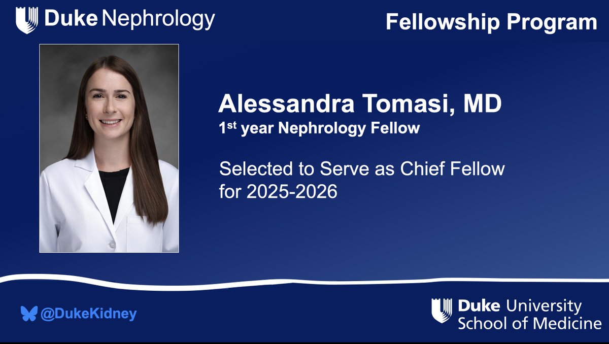 Duke Kidney (@dukekidney) on Twitter photo Congratulations to Dr. Tomasi <a href="/AleTomasiMD/">Alessandra Tomasi</a> on being appointed as the chief nephrology fellow for the academic year 2025-2026. Congratulations to Dr. Tomasi <a href="/AleTomasiMD/">Alessandra Tomasi</a> on being appointed as the chief nephrology fellow for the academic year 2025-2026.