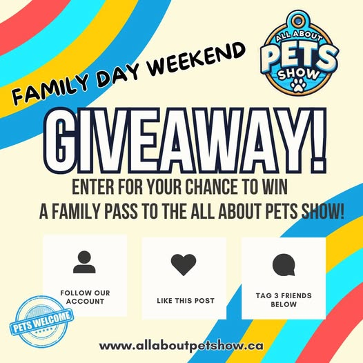 WIN A FAMILY PASS to the All About Pets Show! Head to our Facebook page to enter! Contest ends Tuesday, February 18 at noon! 
The Show is happening at The Aud, Norfolk County Fairgrounds, 172 South Dr, Simcoe ON. March 8 &amp; 9th! 
allaboutpetshow.ca