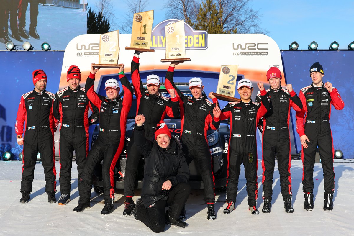 ElfynEvans's tweet photo. That winning feeling! 🏆🇸🇪

It’s been an intense weekend fighting for the win, to come away from the weekend with maximum points is amazing.
Taka had an incredible performance, in a very strong team result, congrats to Taka and to the whole team!

#EE33 #WRC #ToyotaGAZOORacing https://t.co/D4dJuRJiVH