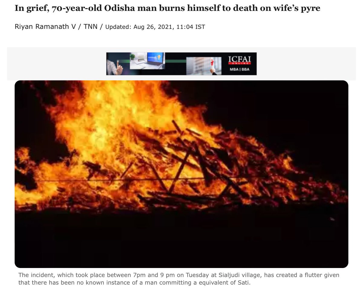 SagasofBharat's tweet image. In recent years as late as 2021, a 70 year old man burnt himself to death at the funeral pyre of his wife in Odisha.

Will anybody call it a murder or brainwashing? 

Who would brainwash a man to commit Sati i wonder.