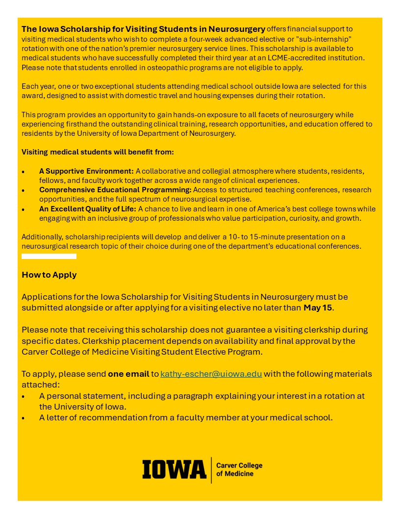 Medical students! Looking for an exceptional Sub-I in #Neurosurgery? <a href="/IowaNeurosurg/">University of Iowa Neurosurgery</a> offers exposure to diverse cases, cutting-edge research, &amp; a vibrant university town experience! Financial support available via the Iowa Scholarship. Details below or you can DM me