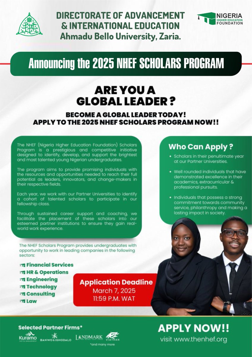 Directorate of University Advancement, ABU Zaria (@abuzaria_dua) on Twitter photo APPLY FOR THE 2025 NHEF SCHOLARS PROGRAM
This program continues to be a cornerstone of our mission to empower Nigeria’s brightest students, providing them with career development opportunities, industry exposure, and a powerful network of leaders.<a href="/TheAbusite/">The Abusites™</a> APPLY FOR THE 2025 NHEF SCHOLARS PROGRAM
This program continues to be a cornerstone of our mission to empower Nigeria’s brightest students, providing them with career development opportunities, industry exposure, and a powerful network of leaders.<a href="/TheAbusite/">The Abusites™</a>