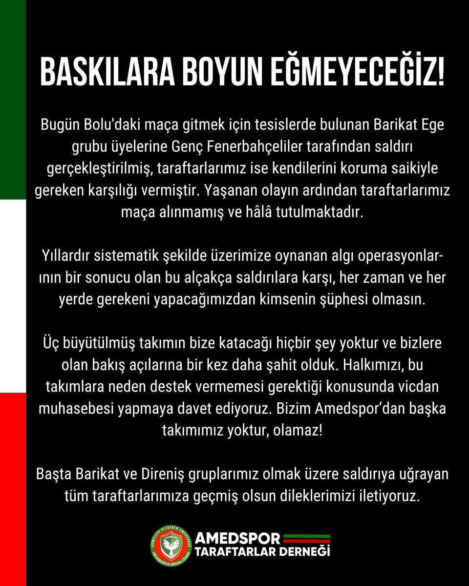 Bugün Bolu'da ki maça gitmek için tesislerde bulunan 'Barikat Ege' grubu üyelerine 'Genç Fenerbahçeliler' tarafından saldırılmış  taraftarlarımız kendilerini koruma saikiyle  gereken karşılığı vermiştir.   ⤵️
 #AmedsporaAlçakSaldırı
