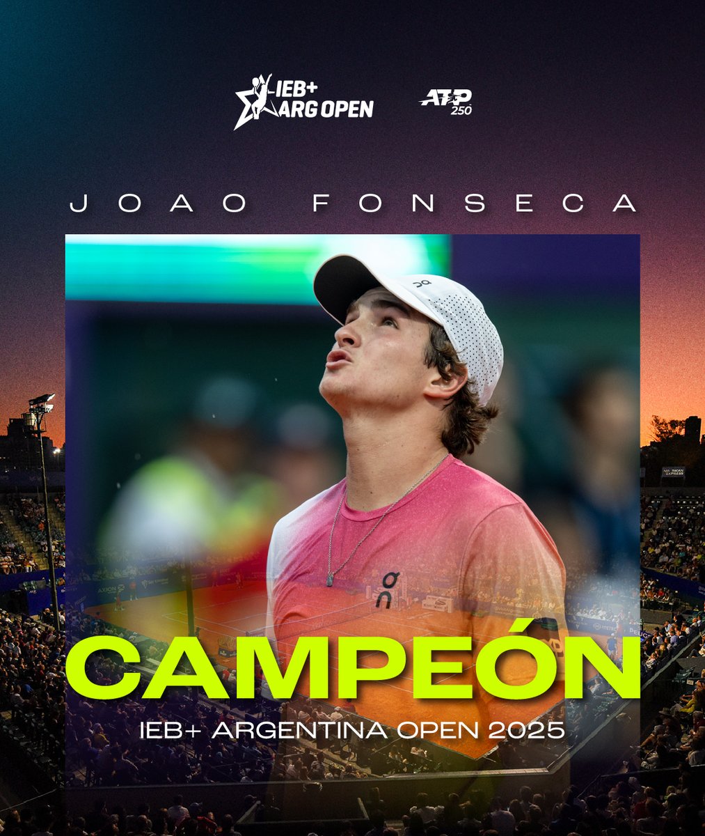 iebmasargopen's tweet image. JOAO FONSECA 🇧🇷 ES EL CAMPEÓN DEL IEB+ ARGENTINA OPEN 2025 🏆
Venció 6-4 7-6 (1) a Francisco Cerúndolo 🇦🇷 y se convirtió en el campeón más joven de la historia del torneo.
¡HISTÓRICO! 🤯
