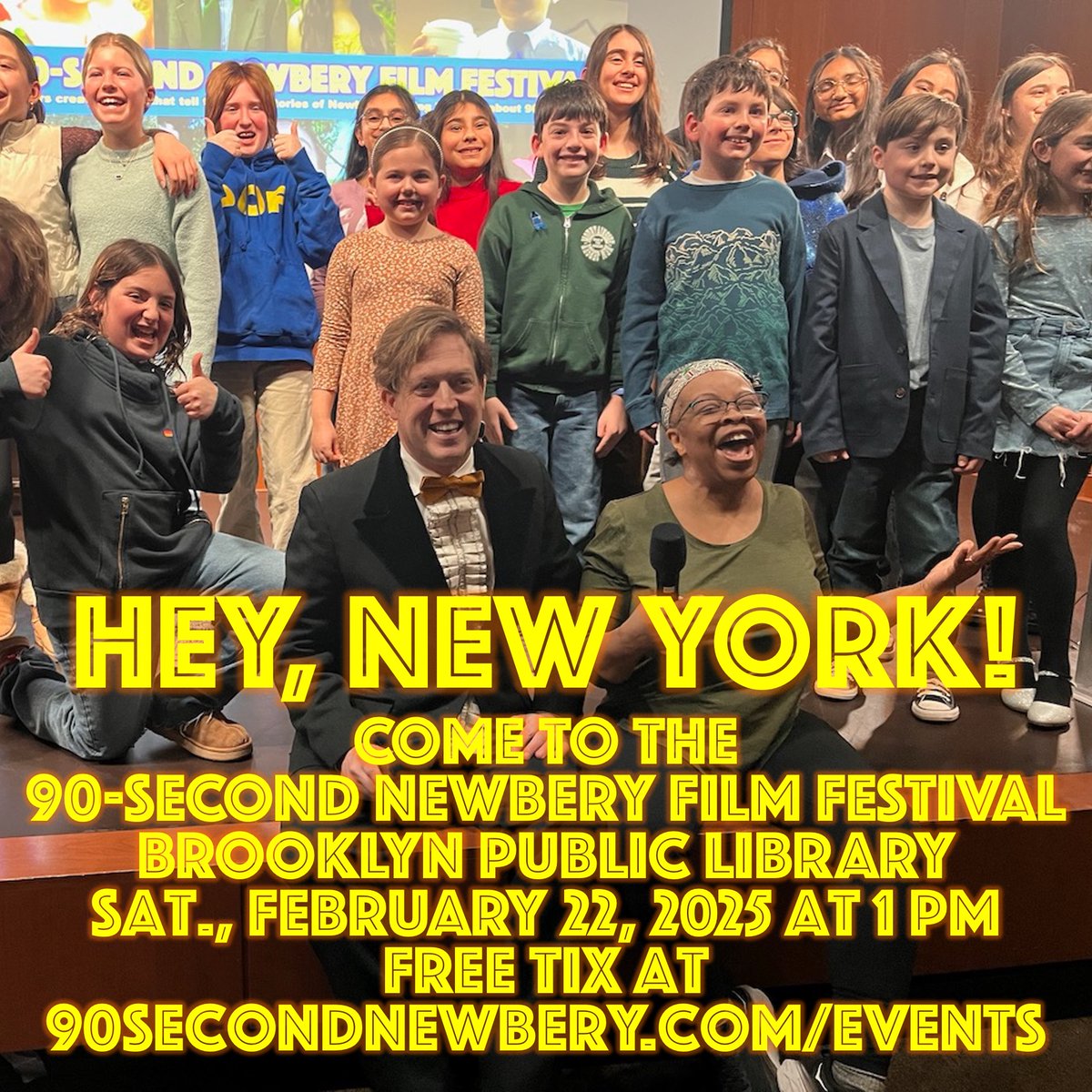 James Kennedy (@iamjameskennedy) on Twitter photo Next Saturday 2/22, <a href="/OneCrazyRita/">Rita Williams-Garcia</a> and I will host the 14th annual <a href="/90secondnewbery/">90-Second Newbery</a> film festival at the <a href="/BKLYNlibrary/">Brooklyn Public Library</a> (10 Grand Army Plaza). Kids make short funny movies that tell the stories of Newbery-winning books! Always lots of fun! Get your FREE tix: ticketleap.events/tickets/90seco… Next Saturday 2/22, <a href="/OneCrazyRita/">Rita Williams-Garcia</a> and I will host the 14th annual <a href="/90secondnewbery/">90-Second Newbery</a> film festival at the <a href="/BKLYNlibrary/">Brooklyn Public Library</a> (10 Grand Army Plaza). Kids make short funny movies that tell the stories of Newbery-winning books! Always lots of fun! Get your FREE tix: ticketleap.events/tickets/90seco…