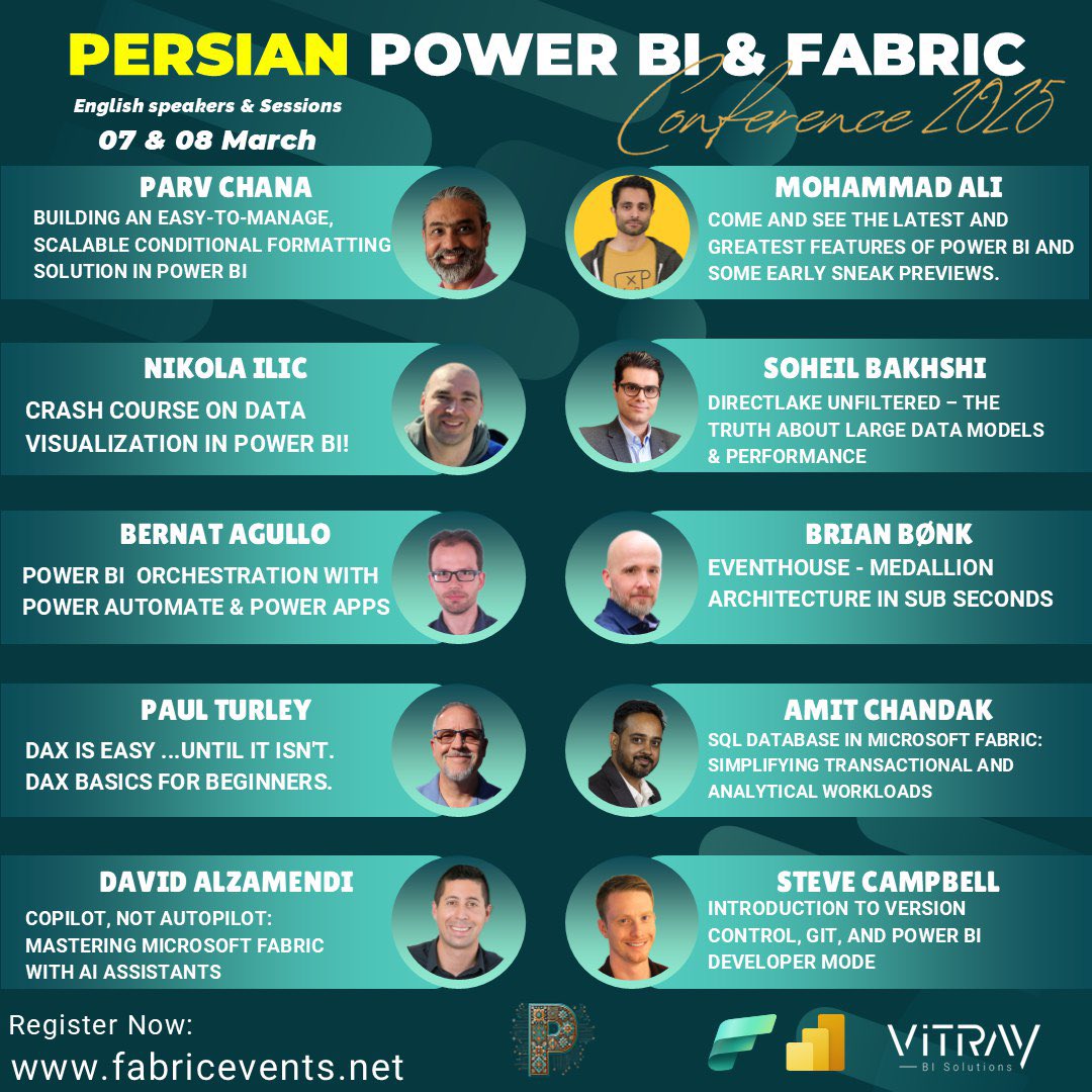 Vahid (@vahiddoustim) on Twitter photo ๐๐ง๐ฅ๐ฒ ๐๐ ๐๐๐ฒ๐ฌ ๐ญ๐จ ๐๐จ!
The Persian Power BI & Fabric Conference 2025 is just around the corner!
March 7 & 8 2025
500+ registered attendeesFree and Online
Expert speakers covering Power BI, Fabric, DAX, AI, Power Query and more!
Check out the English Day speakers! ๐๐ง๐ฅ๐ฒ ๐๐ ๐๐๐ฒ๐ฌ ๐ญ๐จ ๐๐จ!
The Persian Power BI & Fabric Conference 2025 is just around the corner!
March 7 & 8 2025
500+ registered attendeesFree and Online
Expert speakers covering Power BI, Fabric, DAX, AI, Power Query and more!
Check out the English Day speakers!