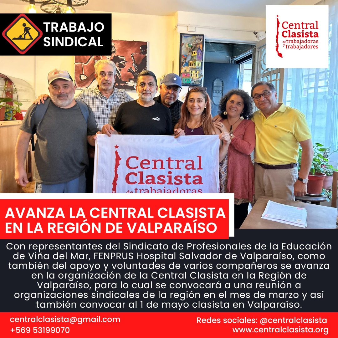 Con representantes del Sindicato de Profesionales de la Educación de Viña del Mar, FENPRUS Hospital Salvador de Valparaíso, como también del apoyo y voluntades de varios compañeros se avanza en la organización de la Central Clasista en la Región de #Valparaiso #centralclasista
