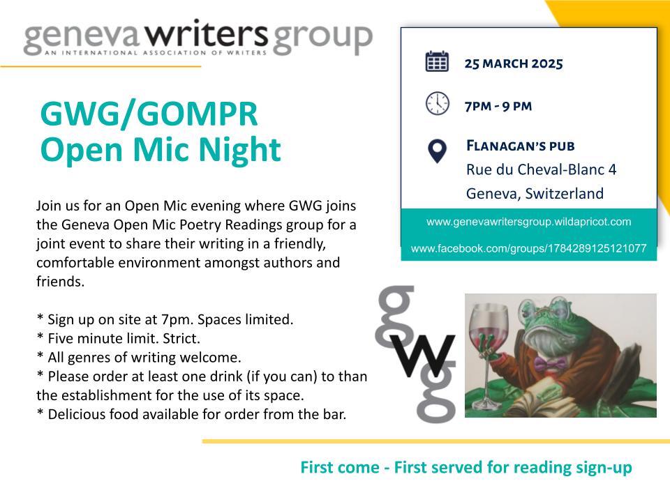 Join us to share your writing in a friendly, comfortable environment in our upcoming joint event with the Geneva Open Mic Poetry Reading Group!  

Find out more: genevawritersgroup.org/event-6030949