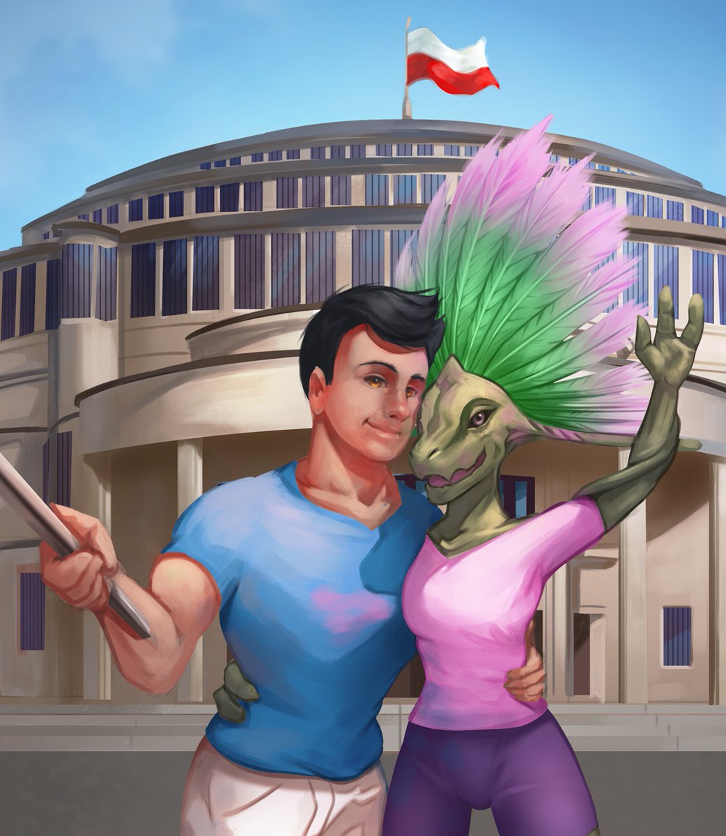 thepimpartist's tweet photo. A nice selfie in front of Hala Stulecia in Poland with a human and alien reptile girl from Snekguy's universe. A pretty interesting and unique commission, I especially enjoyed painting the girl. 

#furryartwork #furryartist #furryarts #Commission #artwork #Poland https://t.co/zzsSuFgxi1