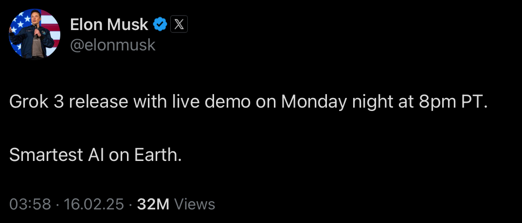 DotCSV's tweet photo. 🔴 ¡MUSK PRESENTARÁ GROK 3 MAÑANA!

Elon Musk anuncia que presentará mañana la IA más inteligente en la tierra.

¿Qué creéis? ¿Lo será o no?

Lo único que tengo claro es que OpenAI podría hacer la jugada más graciosa de la jornada 😅