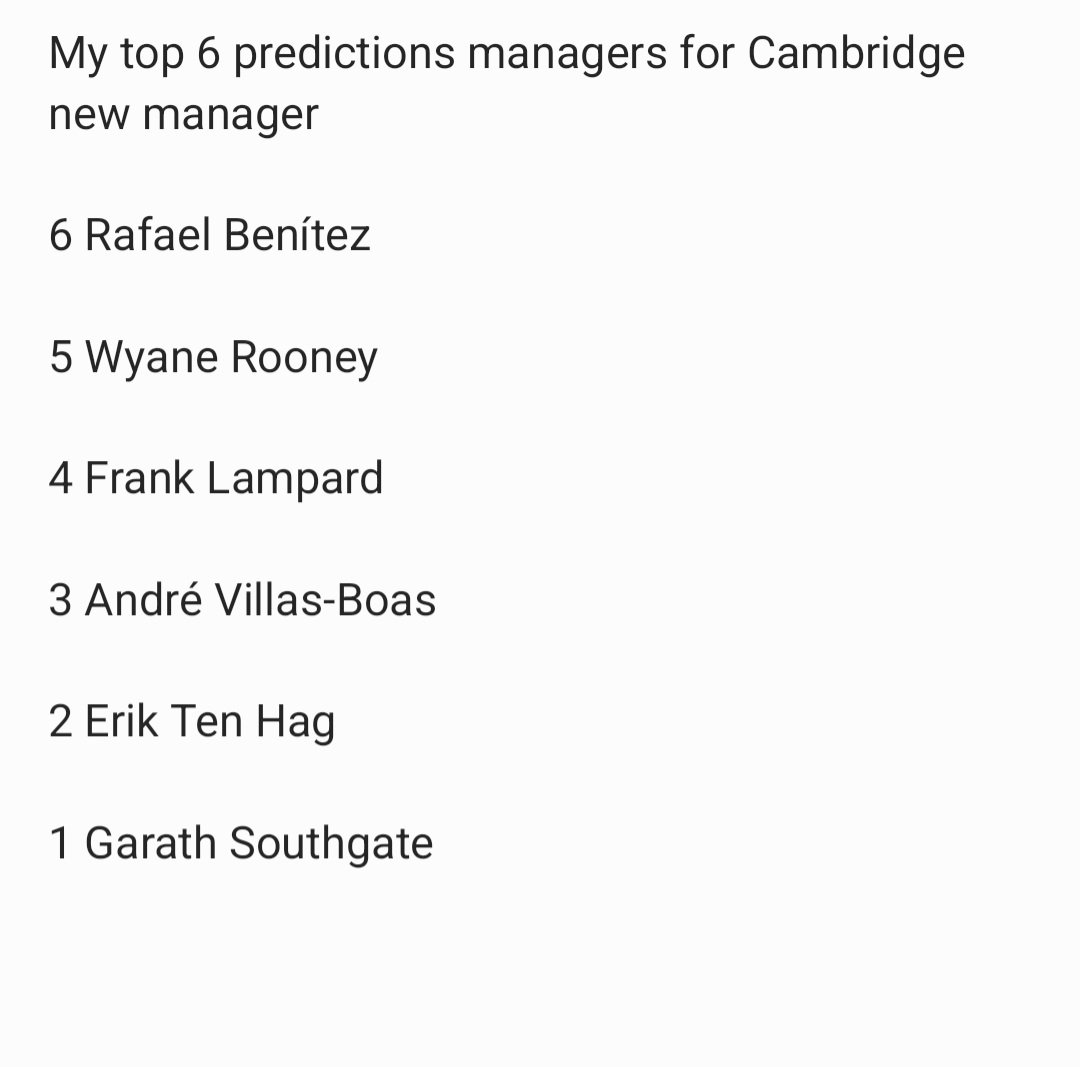 FelipeFC30's tweet image. My top 6 managers prediction for Cambridge United new manager 

What do you all think?