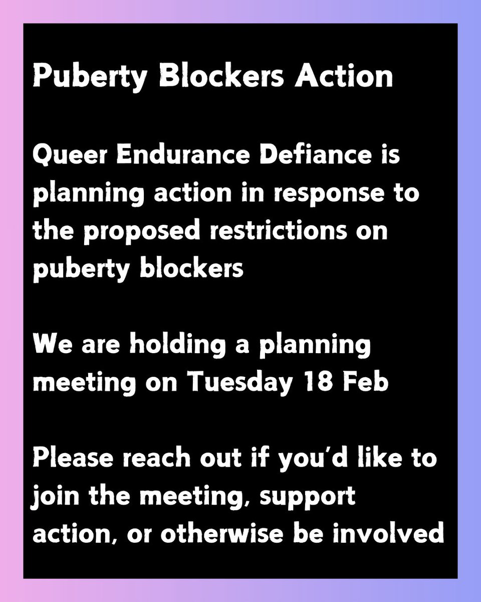 Queer Endurance Defiance is planning action in response to the proposed restrictions on puberty blockers.

Reach out to get involved!