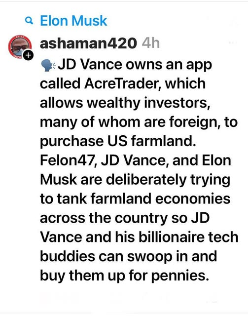 JamesTate121's tweet photo. Republicans are bankrupting farmers so they can sell their land to foreigners. How does that make America great? https://t.co/Eg8IzTjpJY