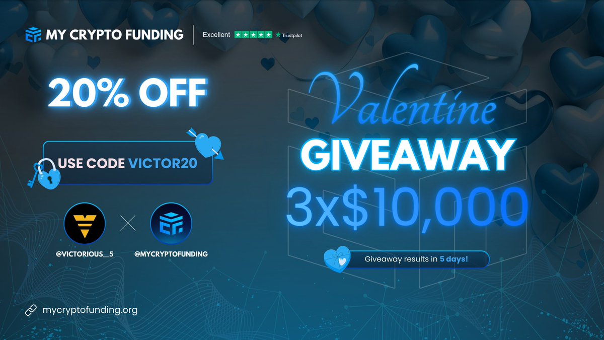 victorious__5's tweet photo. 3 x $10.000 Giveaway with @MyCryptoFunding!

3 evaluations, celebrating Valentine's Day ❤️

1. Like & Retweet this post
2. Tag 2 friends
3. Join @MyCryptoFunding's telegram: https://t.co/mKGA4mlGXm

Winners will be chosen Friday

You can also use code VICTOR20 for 20% off when buying any evaluation!