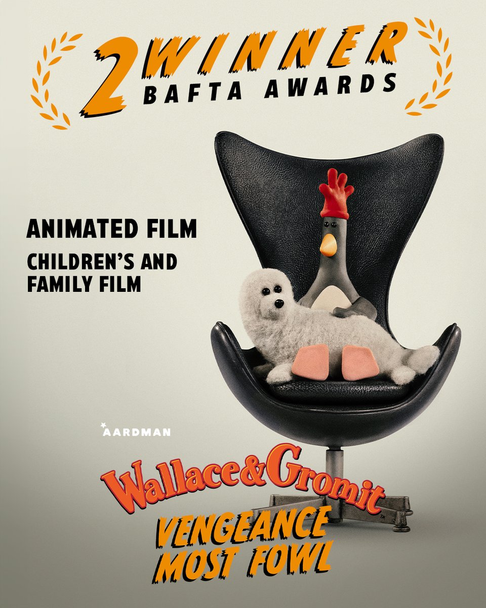 What a night! Wallace &amp; Gromit: Vengeance Most Fowl took home two awards at the #EEBAFTAs! 🎉 

🏆 Animated Film
🏆 Children's and Family Film