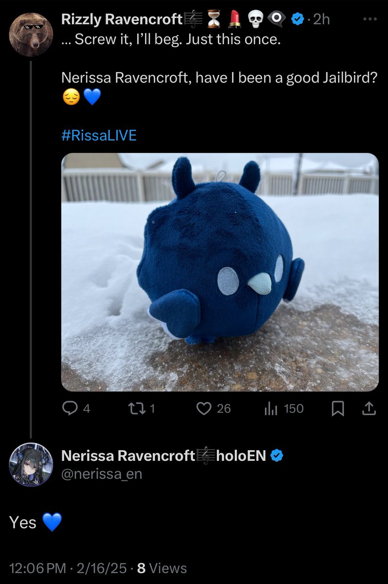 RizzlyBearCD's tweet image. I will probably be dead and vibing with Calli before I unpin this.
Nerissa Ravencroft your heart has no limit. Thank you. I love you. And always will. 💙
#RissaLIVE