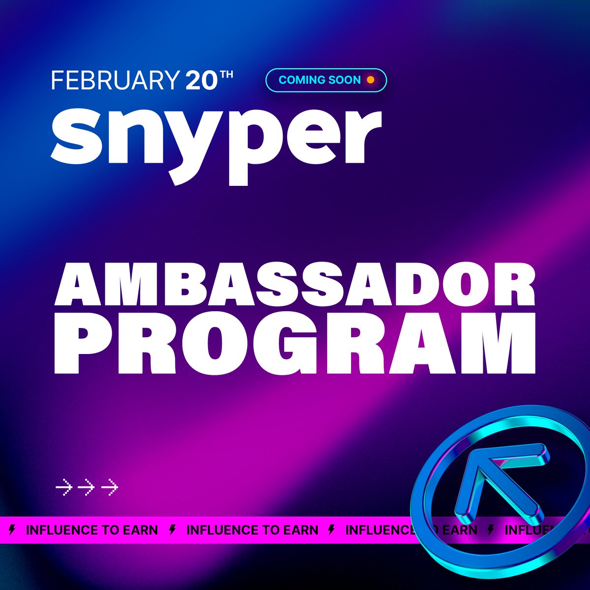 🚀 Become a Snyper Ambassador!

This is your chance to help us shape the future of the first Influence to Earn &amp; earn rewards along the way.

Get early access, rewards and more! 🛍️

Applications will open on February 20.
 
#Snyper #AmbassadorProgram