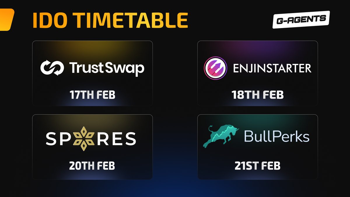 G-Agents AI IDO Launchpads &amp; Timetable!

The wait is almost over! Here’s where and when you can participate in the $GTY IDO across top-tier launchpads:

📅 IDO Schedule:
🔹 Feb 17 – <a href="/TrustSwap/">TrustSwap</a>
🔹 Feb 18 – <a href="/enjinstarter/">ENJINSTARTER</a>
🔹 Feb 20 – <a href="/Spores_Network/">Spores Network</a>
🔹 Feb 21 – <a href="/bullperks/">BullPerks</a>
🔹