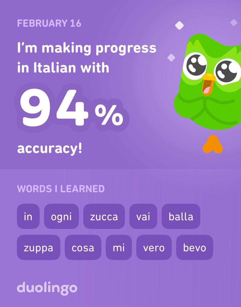 Milita64's tweet photo. I’m learning Italian on Duolingo! It’s free, fun, and effective. https://t.co/DaNHOSO0js