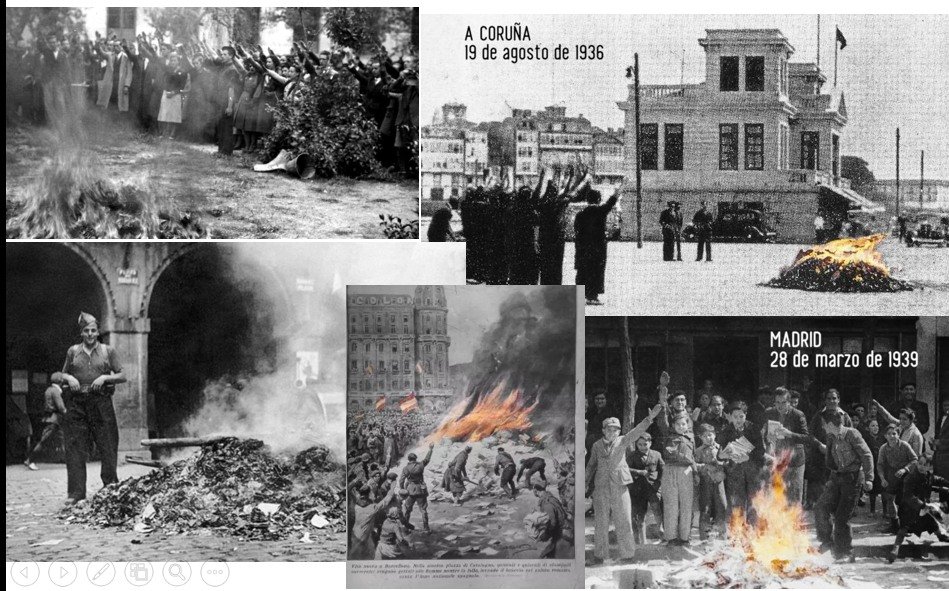 ARMH_Memoria's tweet image. Franquistas españoles quemando libros en diferentes ciudades tomadas por los golpistas de 1936. Pero el dictador Francisco Franco y sus secuaces no eran fascistas..., eran otra cosa.  #MemoriaHistórica