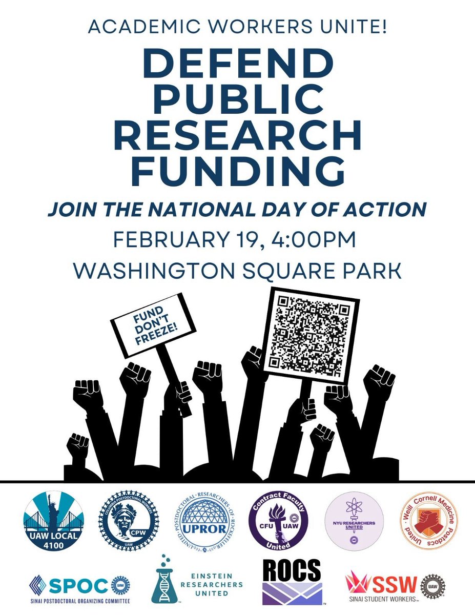 The Trump administration is attacking public research funding - and we’re fighting back! Join academic workers and allies across the country for a National Day of Action on 2/19. For more details, check out: labor4highered.org

In NYC:
📅 Wednesday, Feb 19, 4 pm
📍