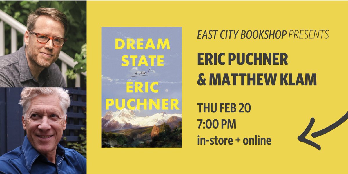 Dream State has already been optioned by a major studio -"A masterpiece," Pulitzer Prize winner Adam Johnson, starred review in Kirkus, "Deeply moving" - Boston Globe. I'll be in conversation with Eric this Thursday at East City Bookshop. It's also online. <a href="/eastcitybooks/">East City Bookshop</a>